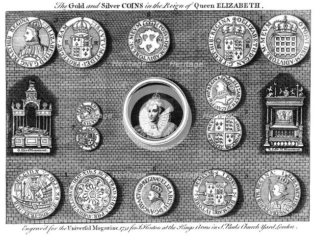 The gold and silver coins in the reign of Queen Elizabeth, 1751. Artist: Eldridge