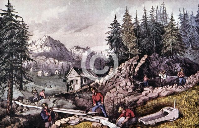 The Gold Rush (1848), gold mine in California, near Sutters Mill, engraving, 1870.
