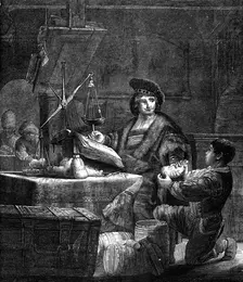 "The Gold-Weigher," etching by Rembrandt, 1870. Creator: Unknown