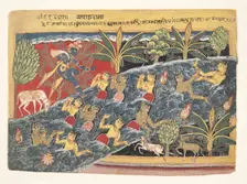 The Gopis Plead with Krishna to Return Their Clothing: Folio from "Isarda" Bhagavata..., ca. 1560-65 Creator: Master of the Isarda