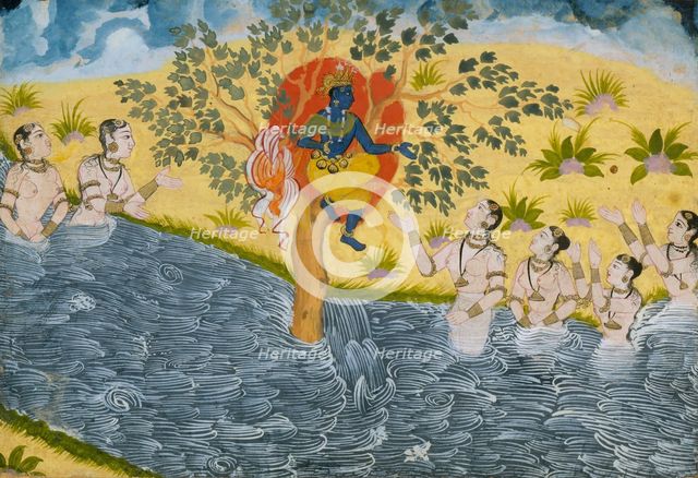 The Gopis Plead with Krishna to Return Their Clothing, Page from a Bhagavata Purana..., ca. 1610. Creator: Unknown.