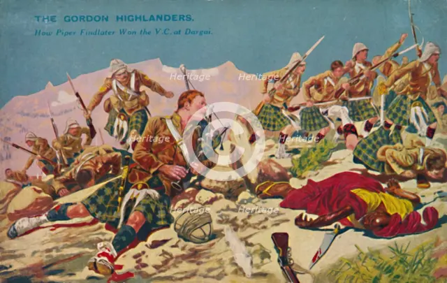 'The Gordon Highlanders. How Piper Findlater won the V.C. at Dargai', 1897, (1939). Creator: Unknown.