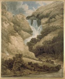 The Gorge of Wathenlath with the Falls of Lodore, Derwentwater, c1801. Artist: Thomas Girtin