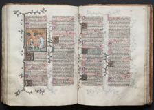 The Gotha Missal: Fol. 116v, St. Mary Magdalene Kneels, c. 1375. Creator: Master of the Boqueteaux (French); Workshop, and
