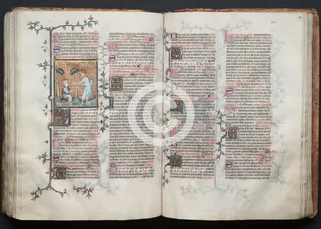 The Gotha Missal: Fol. 116v, St. Mary Magdalene Kneels, c. 1375. Creator: Master of the Boqueteaux (French); Workshop, and.