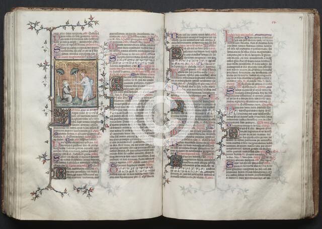 The Gotha Missal: Fol. 116v, St. Mary Magdalene Kneels, c. 1375. Creator: Master of the Boqueteaux (French); Workshop, and.