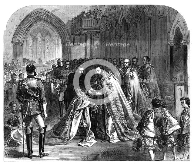The Grand Master investing the Prince of Wales with the Order of St. Patrick...Dublin, 1868. Creator: Unknown.