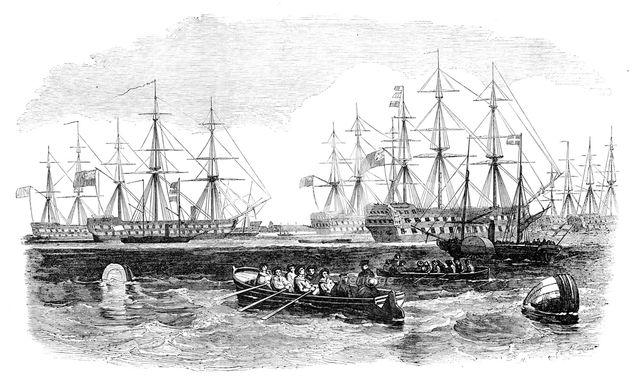 The Grand Naval Review, at Spithead: The Fleet from the South - sketched by J. W. Carmichael, 1856.  Creator: Unknown.