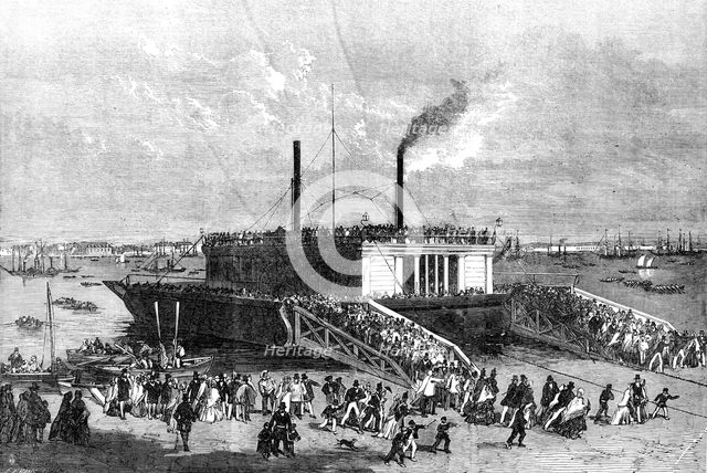 The Grand Naval Review, at Spithead: Excursionists on the Floating-Bridge at Portsmouth, 1856.  Creator: Edmund Evans.