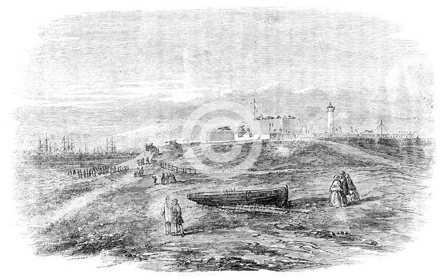 The Grand Naval Review, at Spithead: Southsea Castle, towards Portsmouth, 1856.  Creator: Unknown.
