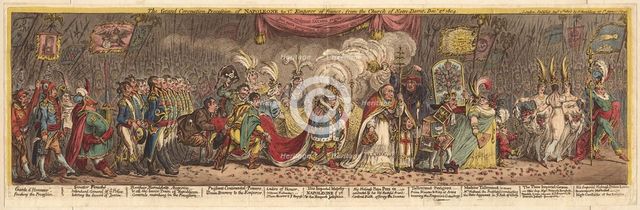 The Grand Coronation Procession of Napoleon the 1st Emperor of France, from the church of Notre-Dame, 1805. Artist: Gillray, James (1757-1815)
