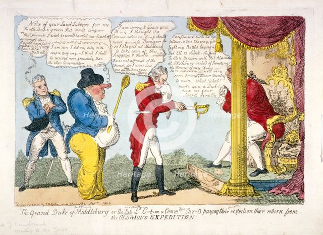 'The grand Duke of Middleburg or late Ld. C-t-m & Commdore Cur-t's paying their respects...', 1809. Artist: Anon