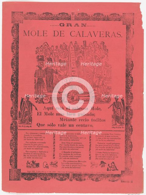 The grand skeleton mole, skeletons eating mole and drinking in a cemetery (Posada); flanke..., 1902. Creators: José Guadalupe Posada, Manuel Manilla.