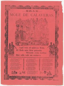 The grand skeleton mole, skeletons eating mole and drinking in a cemetery (Posada); flanke..., 1902. Creators: José Guadalupe Posada, Manuel Manilla