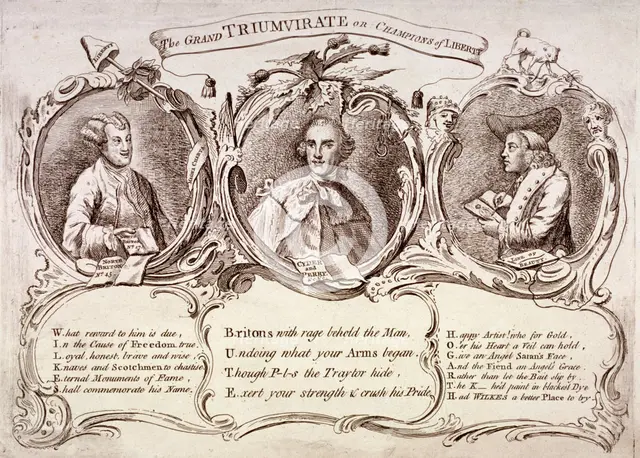 'The Grand Triumvirate or Champions of Liberty ...', 1763. Artist: Anon