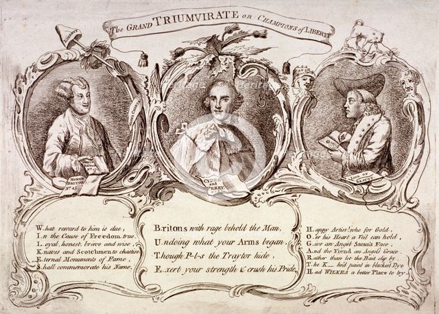 'The Grand Triumvirate or Champions of Liberty ...', 1763. Artist: Anon