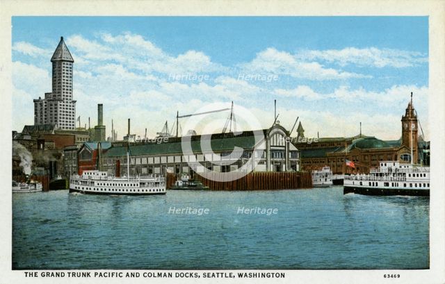 The Grand Trunk Pacific and Colman Docks, Seattle, Washington, USA, 1916. Artist: Unknown