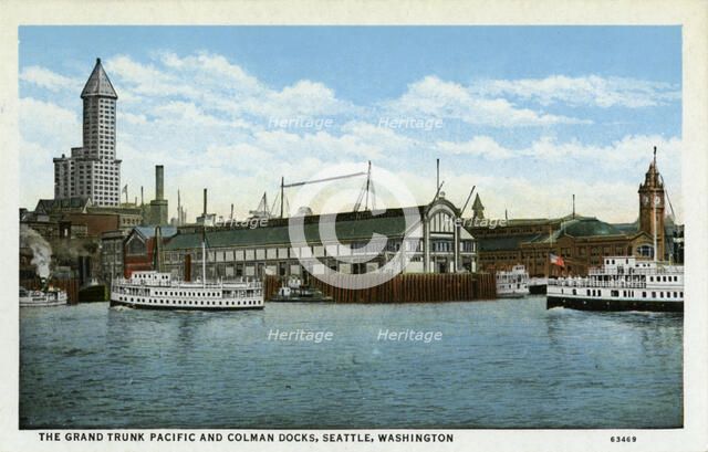 The Grand Trunk Pacific and Colman Docks, Seattle, Washington, USA, 1916. Artist: Unknown