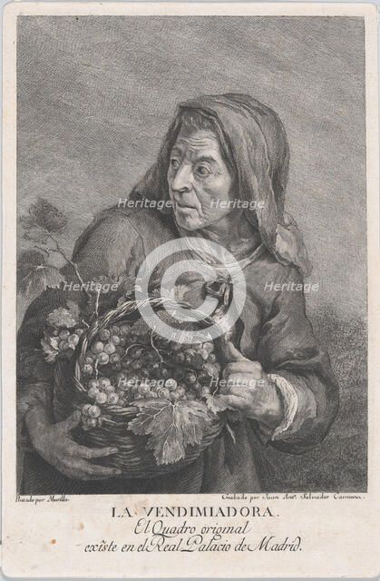 The grape-picker, and elderly woman holding a basket of grapes, after Murillo, ca. 1780-1805. Creator: Juan Antonio Salvador Carmona.