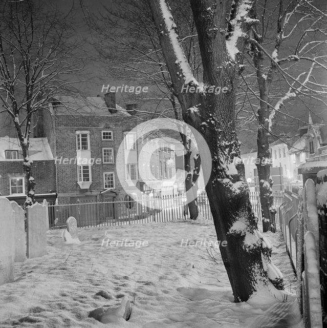 The graveyard of Highgate School Chapel covered in snow, 1971. Creator: John Gay.