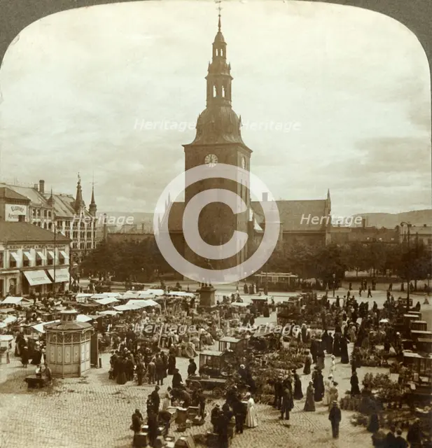 'The "Great Market" around statue Christian IV, Christiania, Norway', c1905. Creator: Unknown.