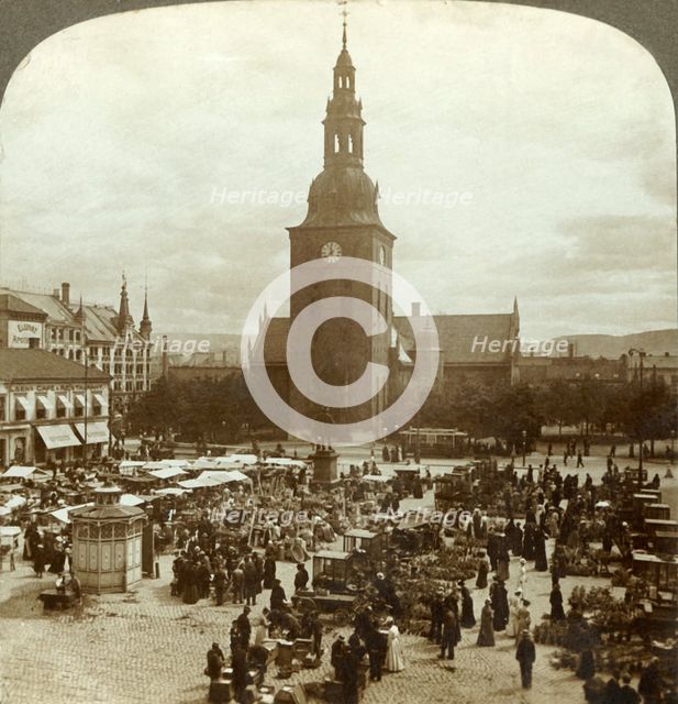 'The "Great Market" around statue Christian IV, Christiania, Norway', c1905. Creator: Unknown.