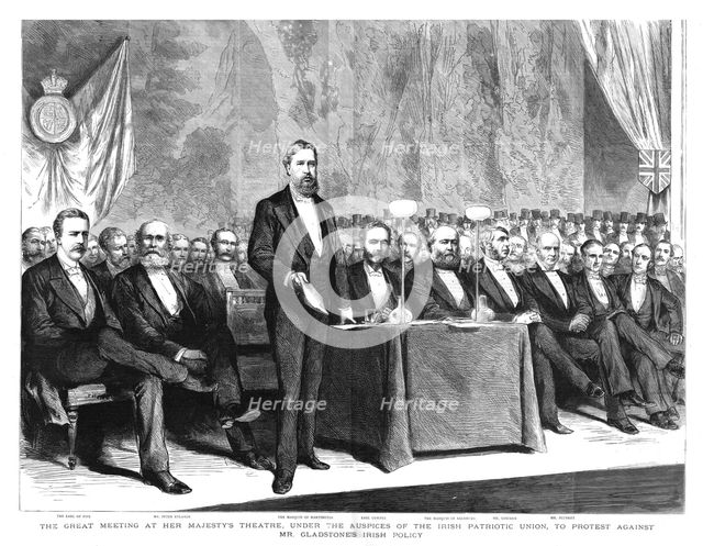 'The great meeting at Her Majesty's Theatre, ...Irish Patriotic Union...', 1886.  Creator: Unknown.