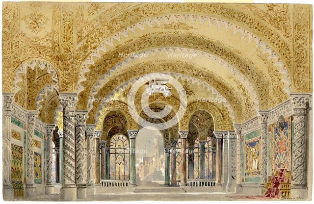 The great castle room, Act III, Set design for opera Otello by Giuseppe Verdi, world premiere, La Sc