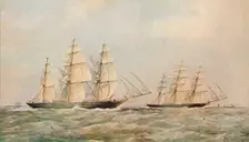 The Great China Race. The Clipper Ships Taeping and Ariel passing the Lizard, Cornwall, 1866. Artist: Thomas Goldsworth Dutton