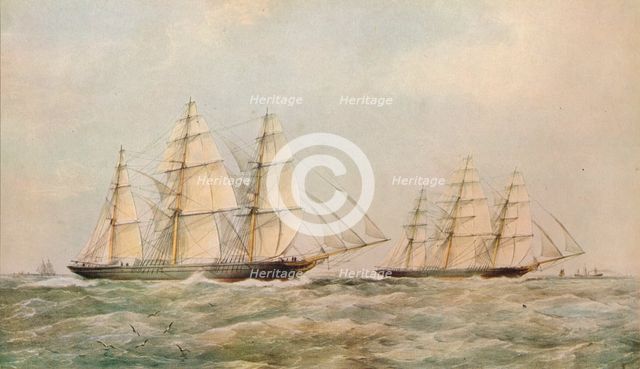 'The Great China Race. The Clipper Ships Taeping and Ariel passing the Lizard, Cornwall, 1866. Artist: Thomas Goldsworth Dutton.