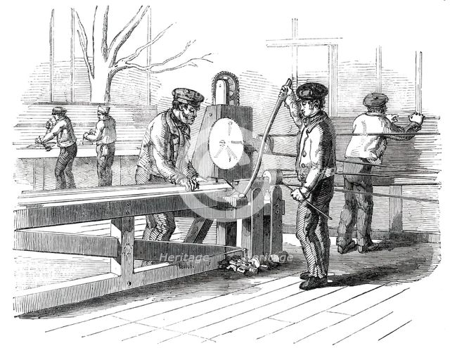 The Great Exhibition Building in Hyde Park - the Sash-Bar Finishing Machine, 1850. Creator: Unknown.
