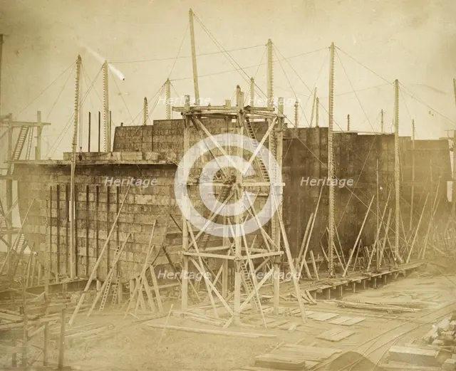 The 'Great Eastern' under construction, Millwall, London, 1855. Artist: Joseph Cundall.
