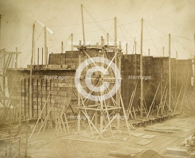 The 'Great Eastern' under construction, Millwall, London, 1855. Artist: Joseph Cundall.