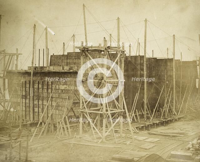 The 'Great Eastern' under construction, Millwall, London, 1855. Artist: Joseph Cundall.