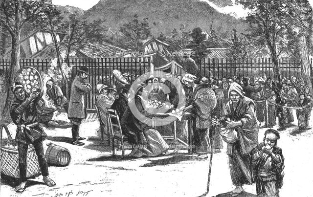 'The Great Earthquake in Japan; Views at The Scene of the Disaster, Distributing Provisions', 1891 Creator: G Bigot.