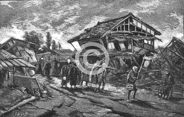 'The Great Earthquake in Japan; Views at The Scene of the Disaster, a Funeral on the Street', 1891 Creator: G Bigot.