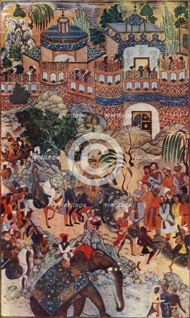 'The Great Emperor Akbar Enters His City in State', 1572, (1590-1595), (c1930).  Creator: Farrukh Beg.