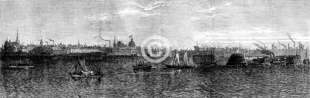 The Great Fire at Chicago: view of the city from Lake Michigan, 1871. Creator: Unknown.