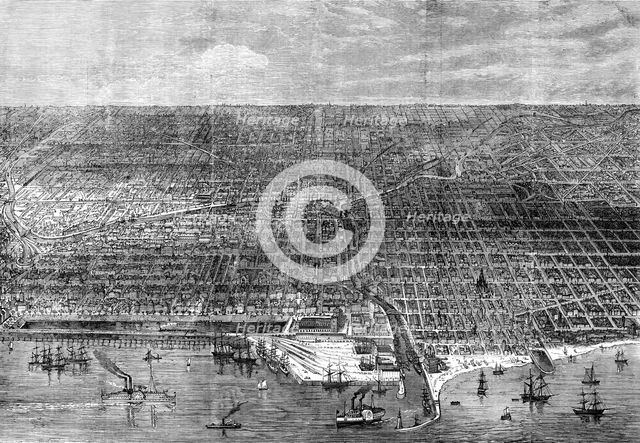 The Great Fire at Chicago: bird's-eye view of the city, 1871. Creator: Unknown.