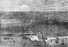 The Great Fire at Chicago: bird's-eye view of the city, 1871. Creator: Unknown