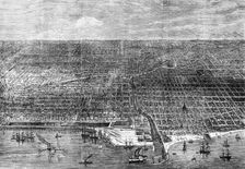 The Great Fire at Chicago: bird's-eye view of the city, 1871. Creator: Unknown