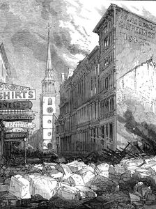 The Great Fire at Boston: Washington-Street, looking towards the Old South Church, 1872. Creator: Unknown