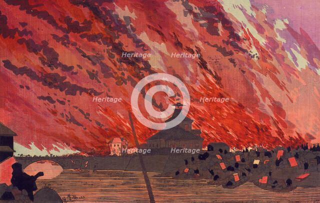 The Great Fire at Ryogoku Bridge, Viewed from Asakusa Bridge on the 26th of January, 1881, 1881. Creator: Kobayashi Kiyochika.
