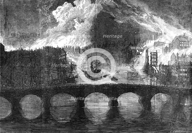 The Great Fires, at Newcastle and Gateshead - sketched from the High-Level Bridge, 1854. Creator: Edmund Evans.