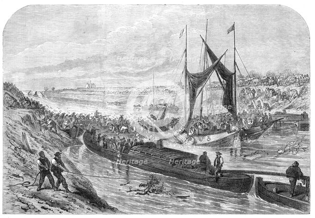 The Great Flood in the Fens: attempt to form a dam in the middle-level drain, 1862. Creator: Unknown.