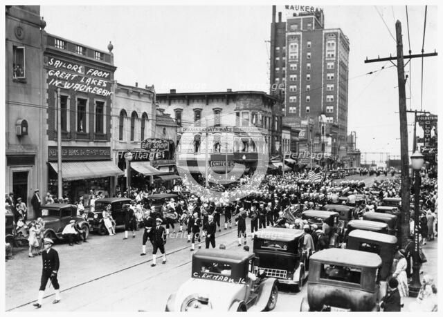 The Great Lakes Military Band on parade in Waukegan, Illinois, USA, 1920. Artist: Ekmark Photo