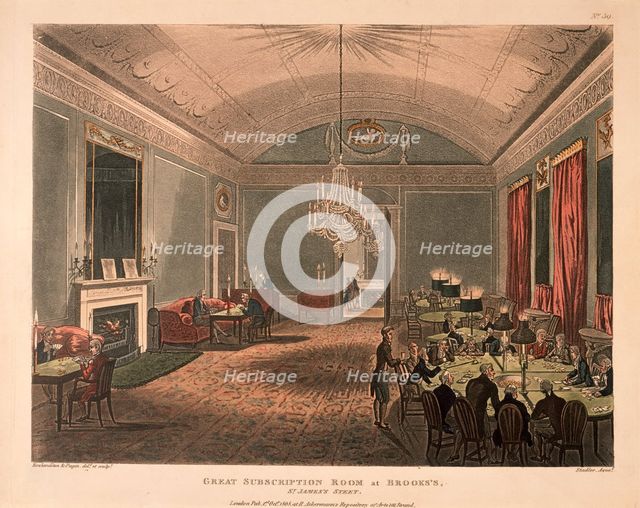 The Great Subscription Room, Brooks's Club, St James's Street, London, 1808. Creators: Thomas Rowlandson, Joseph Constantine Stadler, Augustus Charles Pugin.