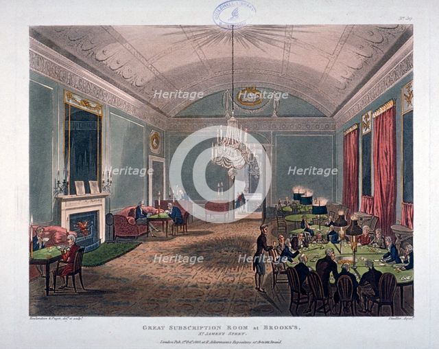 The Great Subscription Room, interior of the Brooks's Club, St James's Street, London, 1808.         Artist: Augustus Charles Pugin