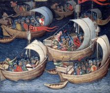 The Greek fleet at sea, second siege of Troy, 15th century. Creator: Unknown