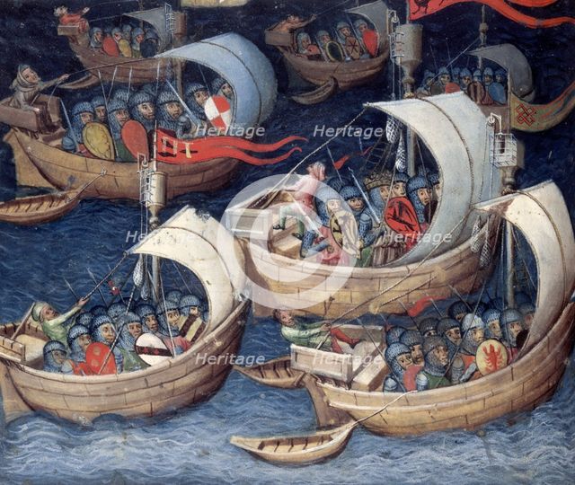 The Greek fleet at sea, second siege of Troy, 15th century.  Creator: Unknown.